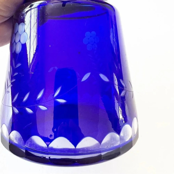 Bohemian Glass Cobalt Blue Cut to Clear Crystal Water Decanter Flask Vase No Cup - Picture 5 of 10